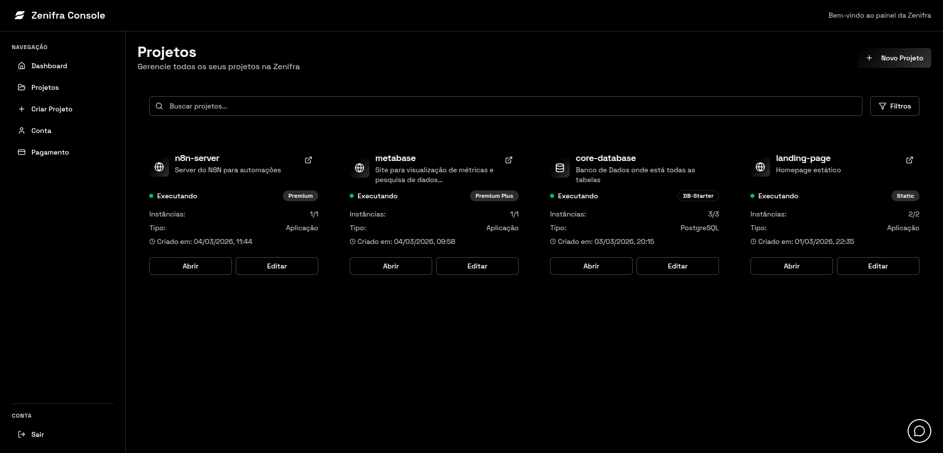 Zenifra Console - Painel de Projetos
